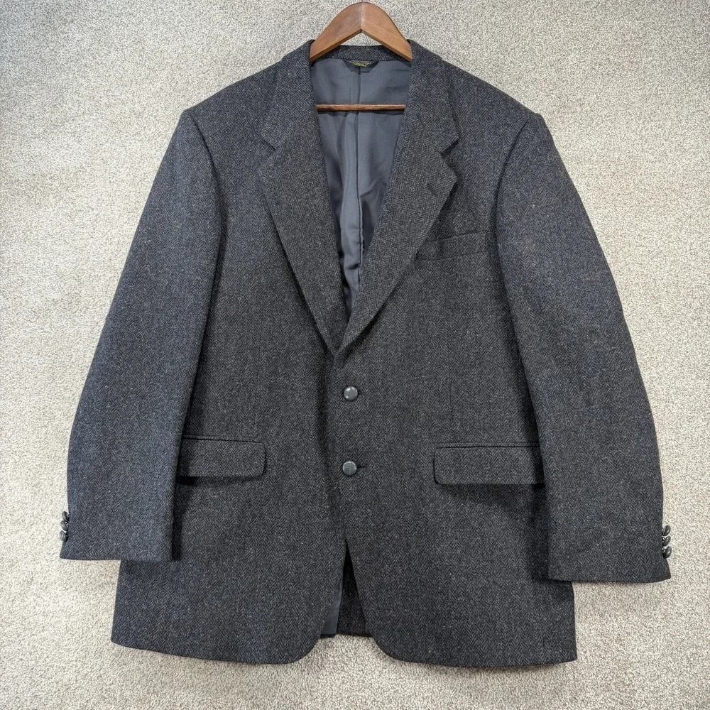 Farah VTG Sports Coat Wool Blazer 44L Herringbone Grey Academia Business Casual